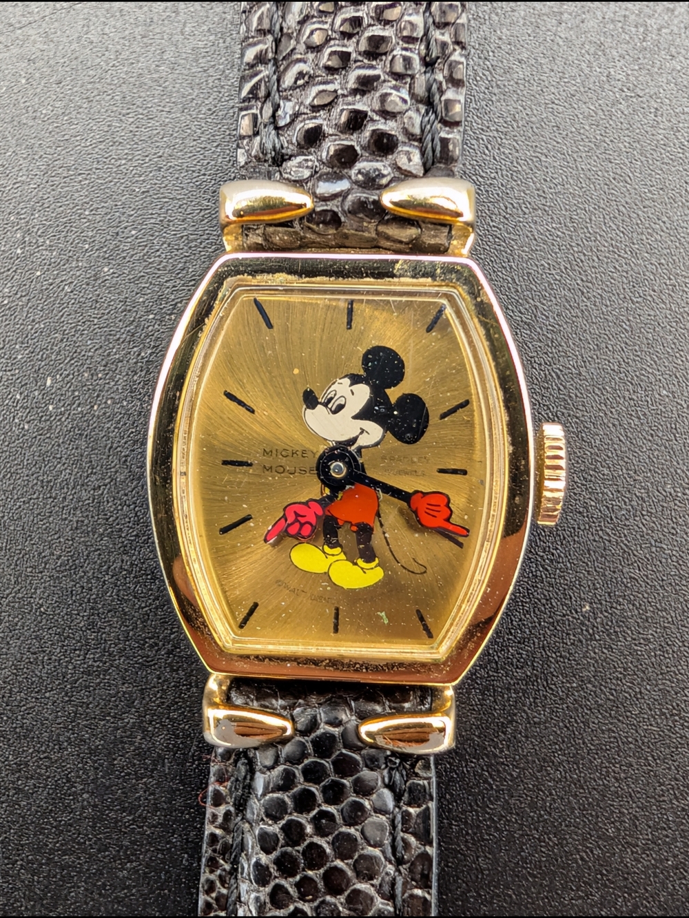 Mickey Mouse Gold Toned Watch From Bradley, Mechanical Movement - RUNNING